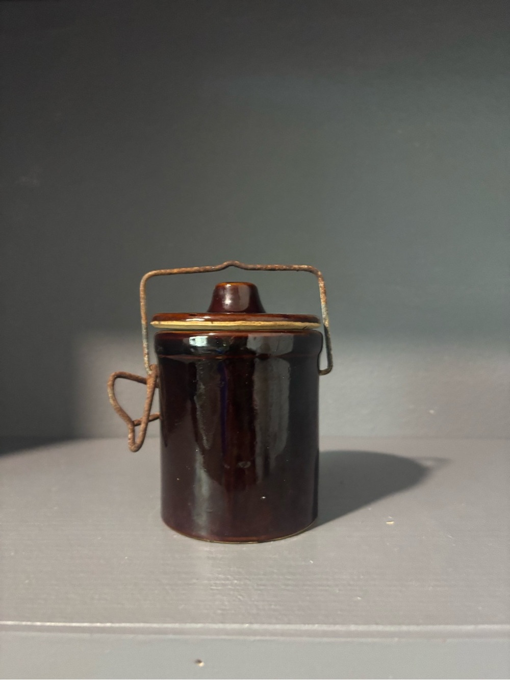 Brown Ceramic Lidded Canister with Rustic Handle